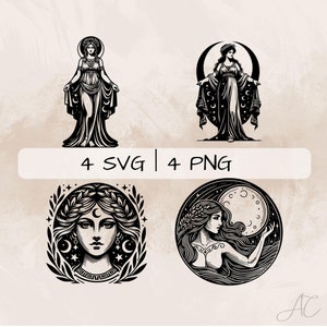 Selene SVG Bundle, Mondgöttin PNG, Griechische Göttin Clipart, Handgezeichnete Selene Bilder zum drucken und gravieren