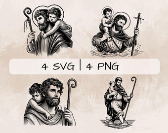 Saint Christopher SVG Bundle, Saint Christopher PNG, Saint Christopher Clipart, Hand drawn Saint pictures for print and engraving