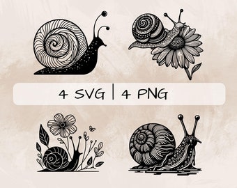 Snail SVG Bundle, Floral Snail PNG, Snail and Flower Clipart, Hand drawn Snail pictures for print and engraving