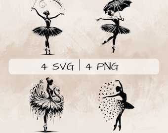 May include: Four black and white silhouette images of ballerinas in various poses. The ballerinas are wearing tutus and are depicted with different accessories, such as a wand, an umbrella, a swan, and a flock of birds.