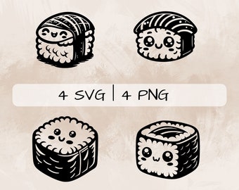 Mignon Sushi SVG bundle, Kawaii Sushi PNG, Sushi Clipart, Images de sushi dessinées à la main pour l’impression et la gravure