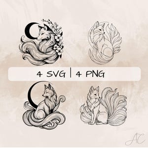 May include: Four black and white line art illustrations of foxes with different tail designs. The foxes are depicted with a crescent moon, flowers, and flowing tails.