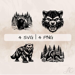 Wolverine SVG Bundle, Wolverine in Forest PNG , Wolverine Face Clipart, Hand drawn Wolverine pictures for print and engraving