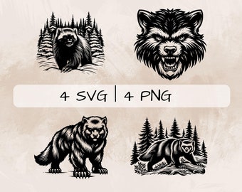 Wolverine SVG Bundle, Wolverine in Forest PNG , Wolverine Face Clipart, Hand drawn Wolverine pictures for print and engraving