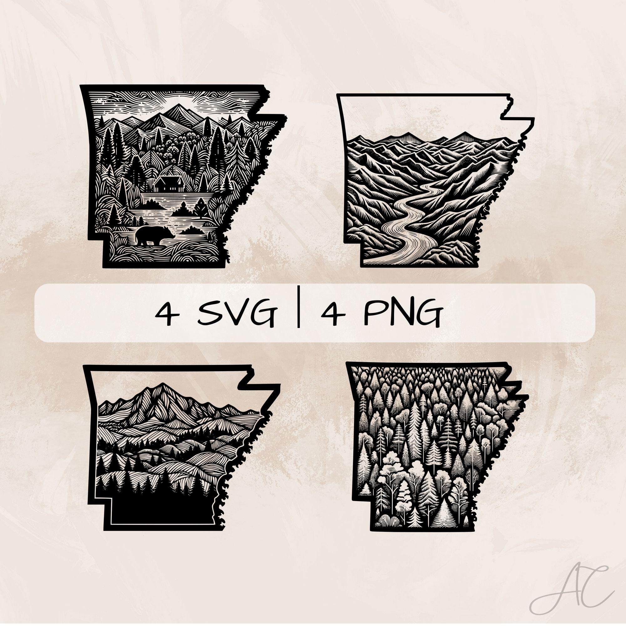 Arkansas SVG Bundle, Arkansas Map PNG,Arkansas Outline Clipart, Hand drawn Arkansas pictures for print and engraving
