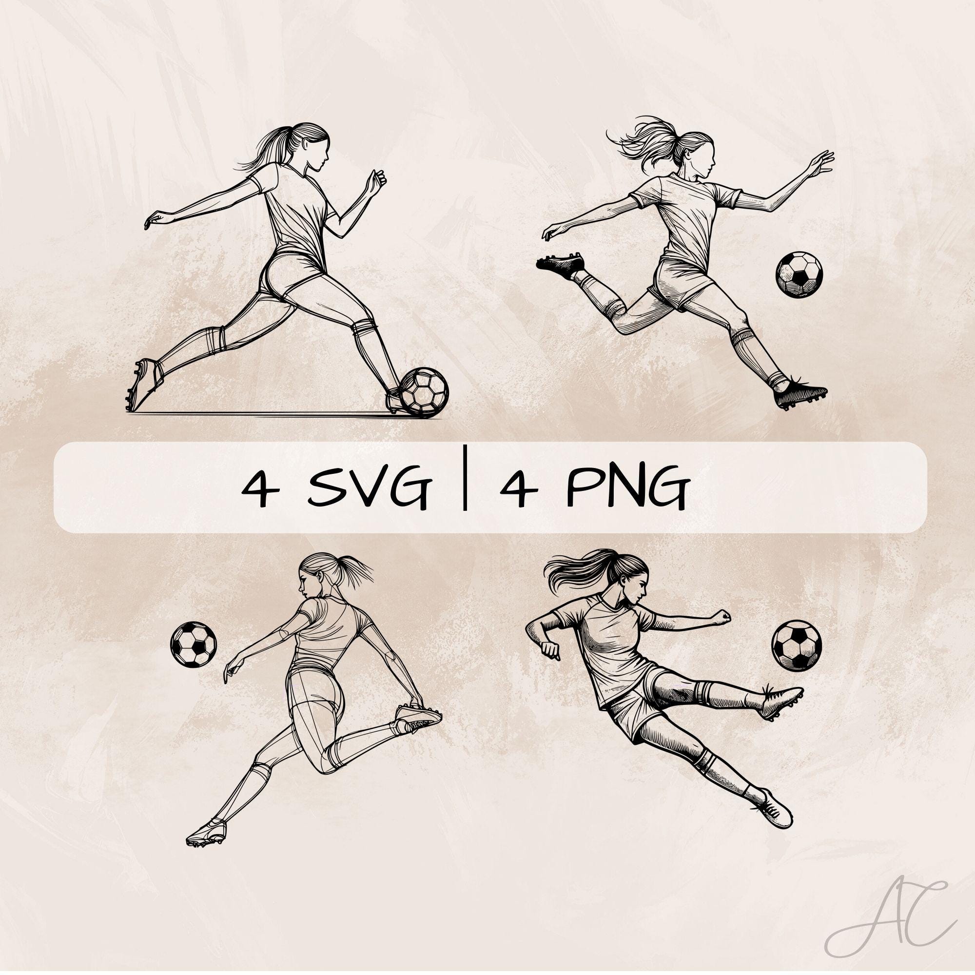 Delicate Soccer SVG Bundle, Woman Football Line Art PNG, Football Girl Clipart, Hand drawn Woman Soccer pictures for print and engraving