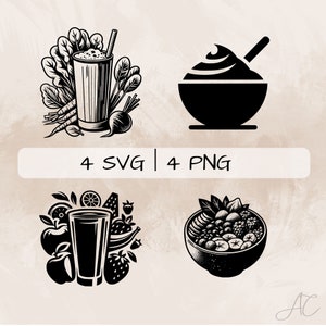 Puede incluir: Cuatro ilustraciones en blanco y negro de alimentos y bebidas saludables. La imagen superior izquierda muestra un vaso de batido verde con zanahorias, remolachas y verduras de hoja verde. La imagen superior derecha muestra un tazón de yogur con una cuchara. La imagen inferior izquierda muestra un vaso de jugo de naranja con frutas como manzanas, naranjas, fresas y plátanos. La imagen inferior derecha muestra un tazón de acai con frutas como plátanos, bayas y nueces.