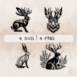 Jackalope SVG bundle, Jackalope Face PNG, Jackrabbit Clipart, Hand drawn Jackalope pictures for print and engraving