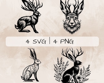 Jackalope SVG bundle, Jackalope Face PNG, Jackrabbit Clipart, Hand drawn Jackalope pictures for print and engraving