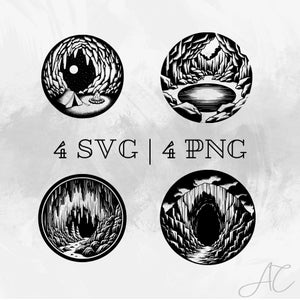 Höhle SVG Bundle, Höhle mit See PNG, Stalaktiten Clipart, Höhle und Lagerfeuer Vektor, handgezeichnete Höhlenbilder zum Drucken und Gravieren