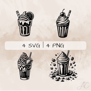 Pode incluir: Quatro ilustrações em preto e branco de batidos com diferentes coberturas. Os batidos estão em copos altos com canudos. As coberturas incluem um biscoito, uma cereja, um morango e grãos de café.