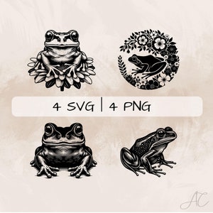 May include: Four black and white illustrations of frogs. One frog is sitting on a flower, another is surrounded by flowers, and two are sitting on a white background.