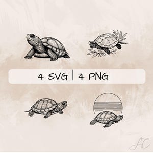 May include: Four black and white line drawings of turtles. Two turtles are facing right, one is facing left, and one is facing forward. The turtles are in different poses. The text "4 SVG | 4 PNG" is at the top of the image.