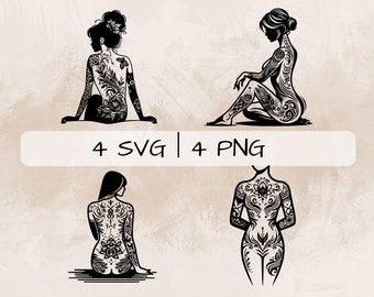 Tattoo SVG Bundle, Body Tattoo PNG, Tattooed Woman Clipart, Hand drawn Tattoo pictures for print and engraving