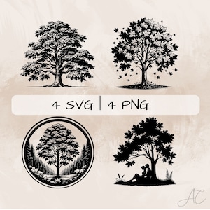 Könnte beinhalten: Vier Schwarzweiß-Silhouettenbilder von Bäumen. Das erste Bild zeigt einen Baum mit fallenden Blättern. Das zweite Bild zeigt einen Baum, unter dem ein Paar sitzt. Das dritte Bild zeigt einen Baum in einem Kreis mit einem Waldhintergrund. Das vierte Bild zeigt einen Baum mit fallenden Blättern.