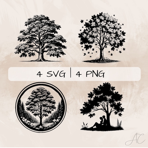 Maple Tree SVG bundle, Maple Tree in Fall PNG, Maple Tree and Couple Clipart, Hand drawn Maple Tree pictures for print and engraving