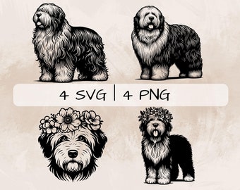 Sheepdog SVG Bundle, Sheepdog Puppy PNG, Old English Sheepdog Face Clipart, Hand drawn Sheepdog pictures for print and engraving