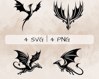 Pacchetto Dragon SVG, Flying Dragon PNG, Dragon Wings Clipart, Immagini del drago disegnate a mano per la stampa e l'incisione