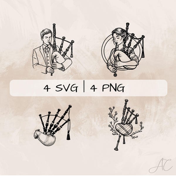 Delicate Bagpipe SVG Bundle, Bagpipe Line Art PNG, Bagpipe Player Clipart, Hand drawn Bagpipe pictures for print and engraving