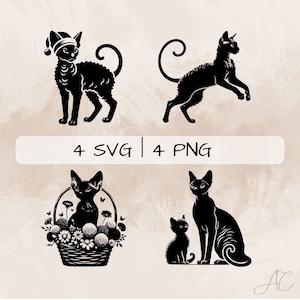 Devon Rex Katze SVG Bundle, Katze PNG, Katze mit Blumen Clipart, Handgezeichnete Devon Rex Katze Bilder zum Drucken und Gravieren