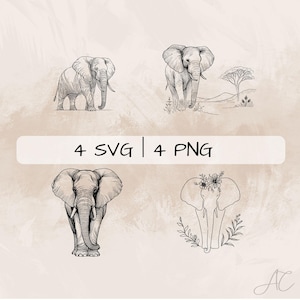 May include: Four black and white line drawings of elephants. Two elephants are standing with their trunks down, one elephant is standing with its trunk up, and one elephant is only showing its head and trunk with a floral crown.