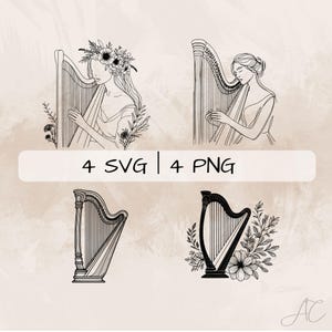 Könnte beinhalten: Vier Schwarzweiß-Zeichnungen einer Harfe. Zwei der Zeichnungen zeigen eine Frau, die Harfe spielt. Die anderen beiden Zeichnungen zeigen eine Harfe mit floralen Akzenten. Der Text "4 SVG | 4 PNG" wird unter den Zeichnungen angezeigt.