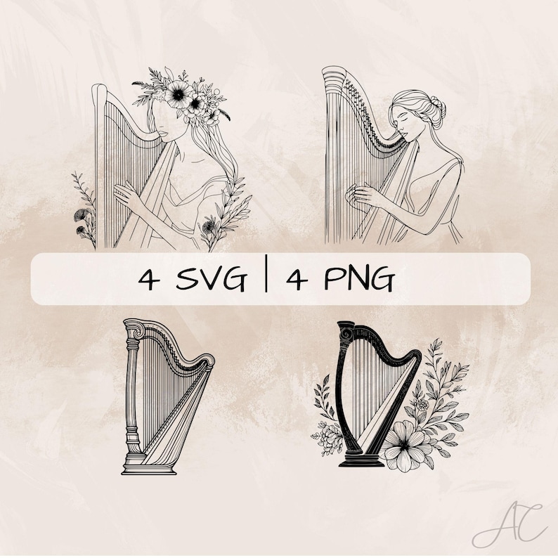 Delicate Harp SVG Bundle, Harp Line Art PNG, Floral Harp Clipart, Hand ...