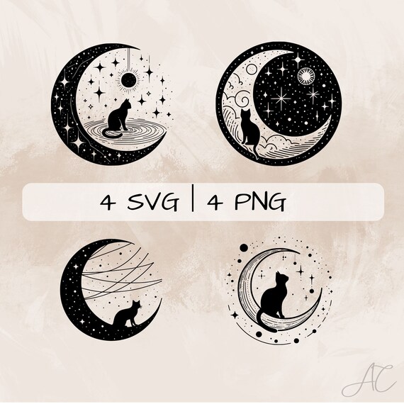 月と猫の SVG バンドル、猫の PNG、月のクリップアート、印刷と彫刻用