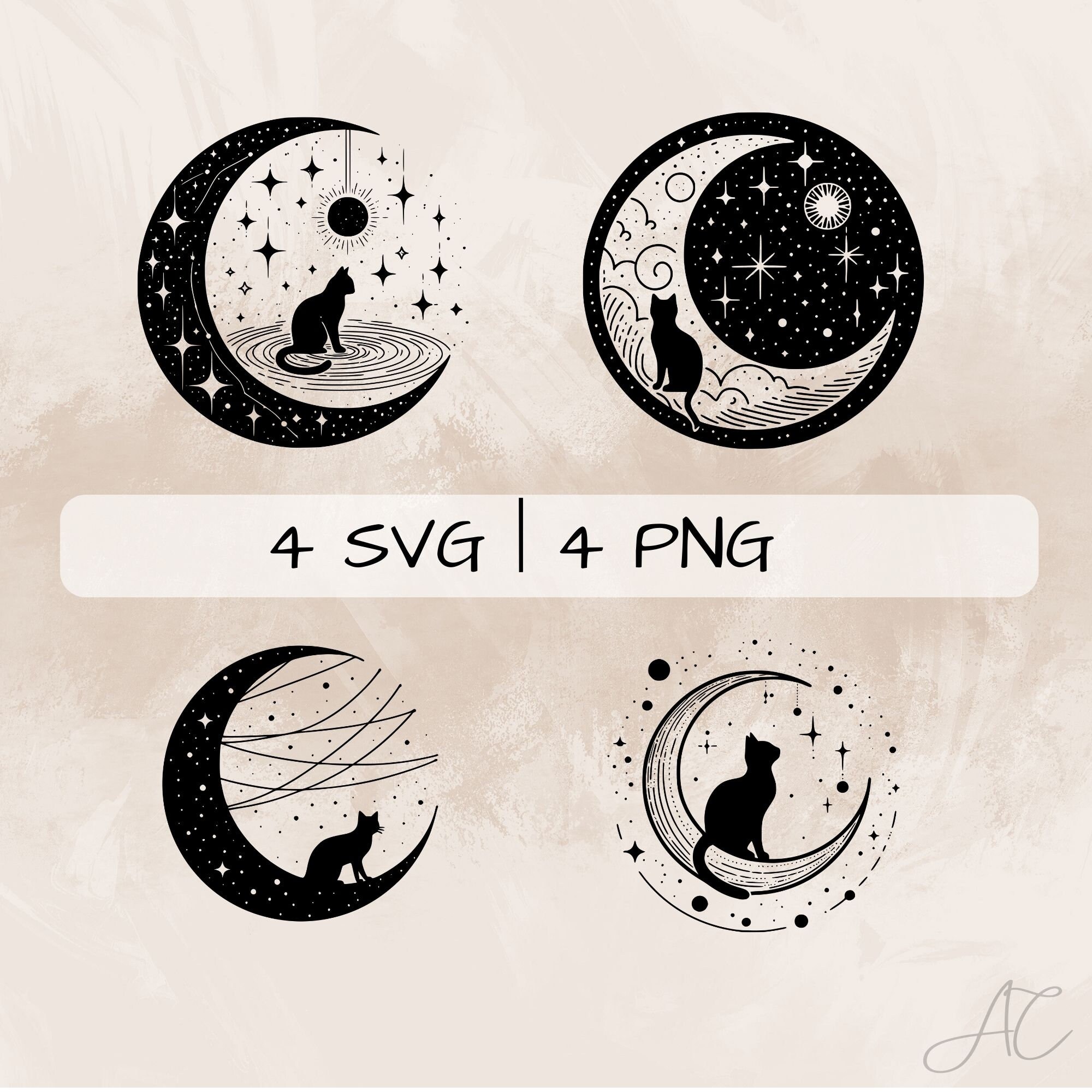 月と猫の SVG バンドル、猫の PNG、月のクリップアート、印刷と彫刻用