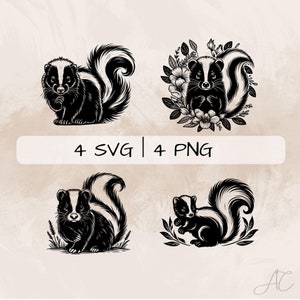 Peut inclure: Quatre illustrations en noir et blanc d'une moufette. Deux images présentent la moufette debout seule, tandis que les deux autres images présentent la moufette entourée de fleurs et de feuilles. Le texte "4 SVG | 4 PNG" est affiché sous les images.