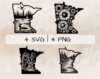Pacchetto SVG Minnesota, Minnesota Outline PNG, Minnesota State Map Clipart, Immagini Minnesota disegnate a mano per la stampa e l'incisione