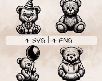 Miś SVG, Miś z balonem PNG, Słodki miś Clipart, Ręcznie rysowane obrazki misia do druku i grawerowania