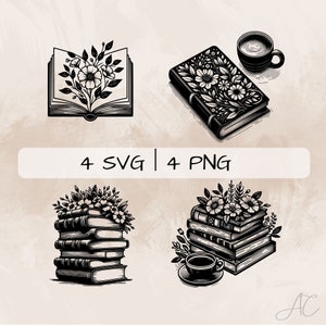 Könnte beinhalten: Vier Schwarzweißillustrationen von Büchern mit floralen Designs. Das erste Bild zeigt ein einzelnes Buch mit Blumen, die aus den Seiten wachsen. Das zweite Bild zeigt ein einzelnes Buch mit floralen Designs auf dem Einband. Das dritte Bild zeigt einen Stapel Bücher mit Blumen darauf. Das vierte Bild zeigt einen Stapel Bücher mit Blumen darauf und eine Tasse Kaffee neben dem Stapel.