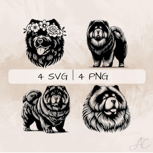 May include: Four black and white illustrations of a Chow Chow dog. One image features the dog wearing a flower crown. Two images show the dog's head and shoulders. One image shows the dog standing on all four legs.