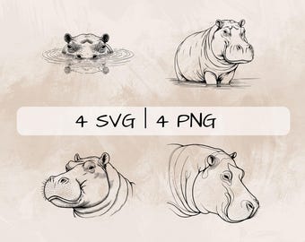 Delicate Hippo SVG Bundle, Hippopotamus Line art PNG, Hippo in Water Clipart, Hand drawn Hippo pictures for print and engraving