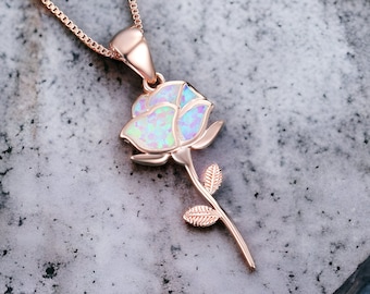 Rose Gold Opal Rose Necklace, Opal Rose Necklace, Opal Rose Pendant Necklace, Minimalist Opal Necklace, Rose Gold Necklace, Gift for Her