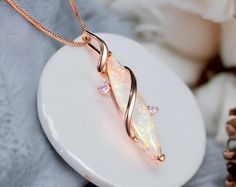 Silver| Rose Gold Opal Pendant Necklace, Blue Opal Necklace, White Opal Necklace, Gold Pendant Necklace, Silver Necklace, Gift for Her