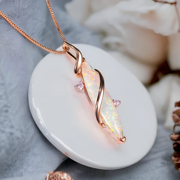 Silver| Rose Gold Opal Pendant Necklace, Blue Opal Necklace, White Opal Necklace, Gold Pendant Necklace, Silver Necklace, Gift for Her