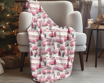 Pink Christmas Village Plush Blanket, Holiday Decor