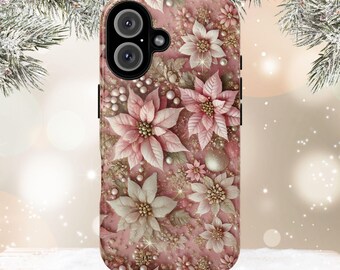 May include: A phone case with a pink poinsettia flower design. The case features a detailed floral pattern with white, pink, and gold accents, including pearls and glitter. The case has a dual-lens camera cutout and black side buttons.