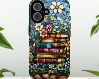 Étui pour portable bibliothèque floral en vitrail | Cadeau pour les amoureux des livres