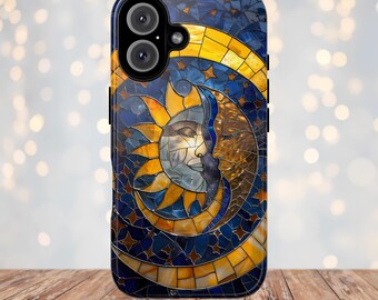 Telefonskal med målat glas, sol och måne, design med himmelsk stjärnhimmel