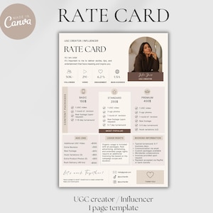 Könnte beinhalten: Eine beige und braune digitale Preislisten-Vorlage für UGC-Ersteller oder Influencer. Das Dokument enthält ein Foto einer Person, Abschnitte für Inhaltspakete, Add-ons, Nutzungsrechte und Buchungsinformationen mit Textbeschriftungen.