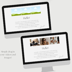 May include: Two screenshots of a computer screen showing a website with a simple design. The website has a white background with black text. The text says "Hello!" and includes a short bio about the website owner. The website also has a section that says "Simply drag in your videos and images!"