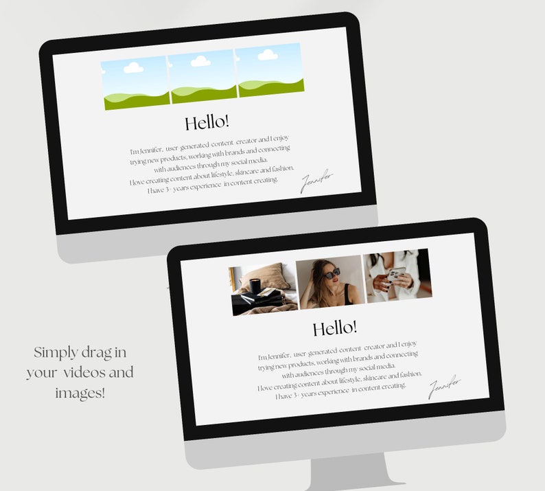May include: Two screenshots of a computer screen showing a website with a simple design. The website has a white background with black text. The text says "Hello!" and includes a short bio about the website owner. The website also has a section that says "Simply drag in your videos and images!"