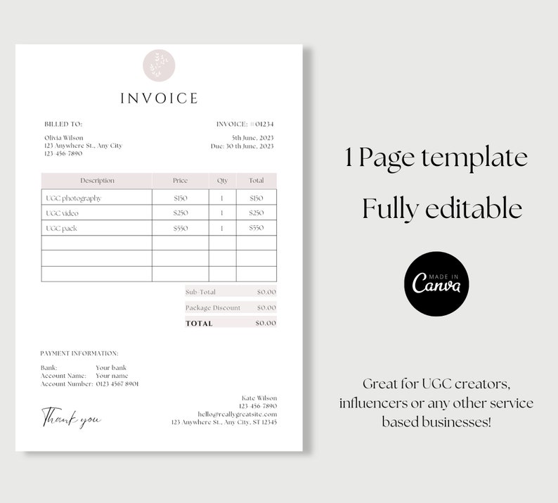 Ugc creator invoice template canva invoice template editable