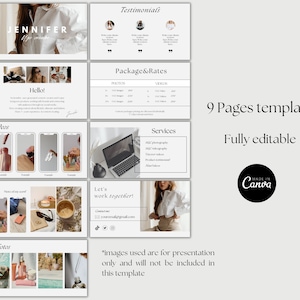 May include: A 9-page Canva template for a photography and videography business. The template features a minimalist design with a neutral colour palette and includes sections for testimonials, services, packages and rates, and a contact page. The template is fully editable and includes images used for presentation only.