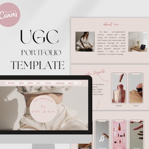 May include: A website mockup for a user-generated content creator's portfolio. The website features a light pink background with a white header and a black navigation bar. The header includes the text "UGC Portfolio" and the creator's name, "Kate Wilson". The website also includes a section about the creator, a section showcasing their work, and a contact section.
