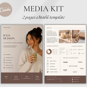 Könnte beinhalten: Eine zweiseitige, bearbeitbare Medienkit-Vorlage in einer neutralen beige-braunen Farbpalette. Das Layout umfasst ein professionelles Profil mit Kontaktdaten, einen Über-mich-Bereich, Zielgruppenstatistiken, Service-Icons und Markenlogos.