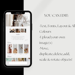 May include: A mockup of a mobile phone screen displaying a website with the text "JENNIFER the creator" and "Hello!"  The website also includes sections for "Videos" and "Photos". The text "YOU CAN EDIT: Text, Fonts, Layout & All Colours, Upload your own image(s), Move, duplicate, delete, add, scale & rotate objects!" is displayed on a white background.